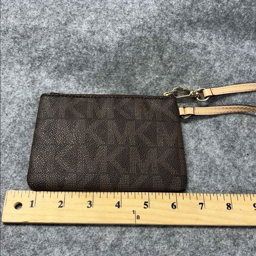 Michael Kors MK Brown Leather Wristlet Monogram Small Purse Mini Brown